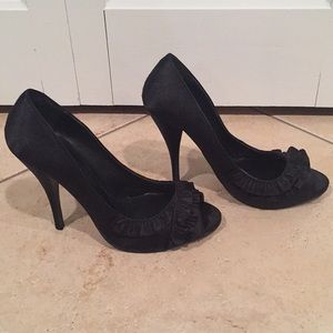 Ruffled peep toe stilettos